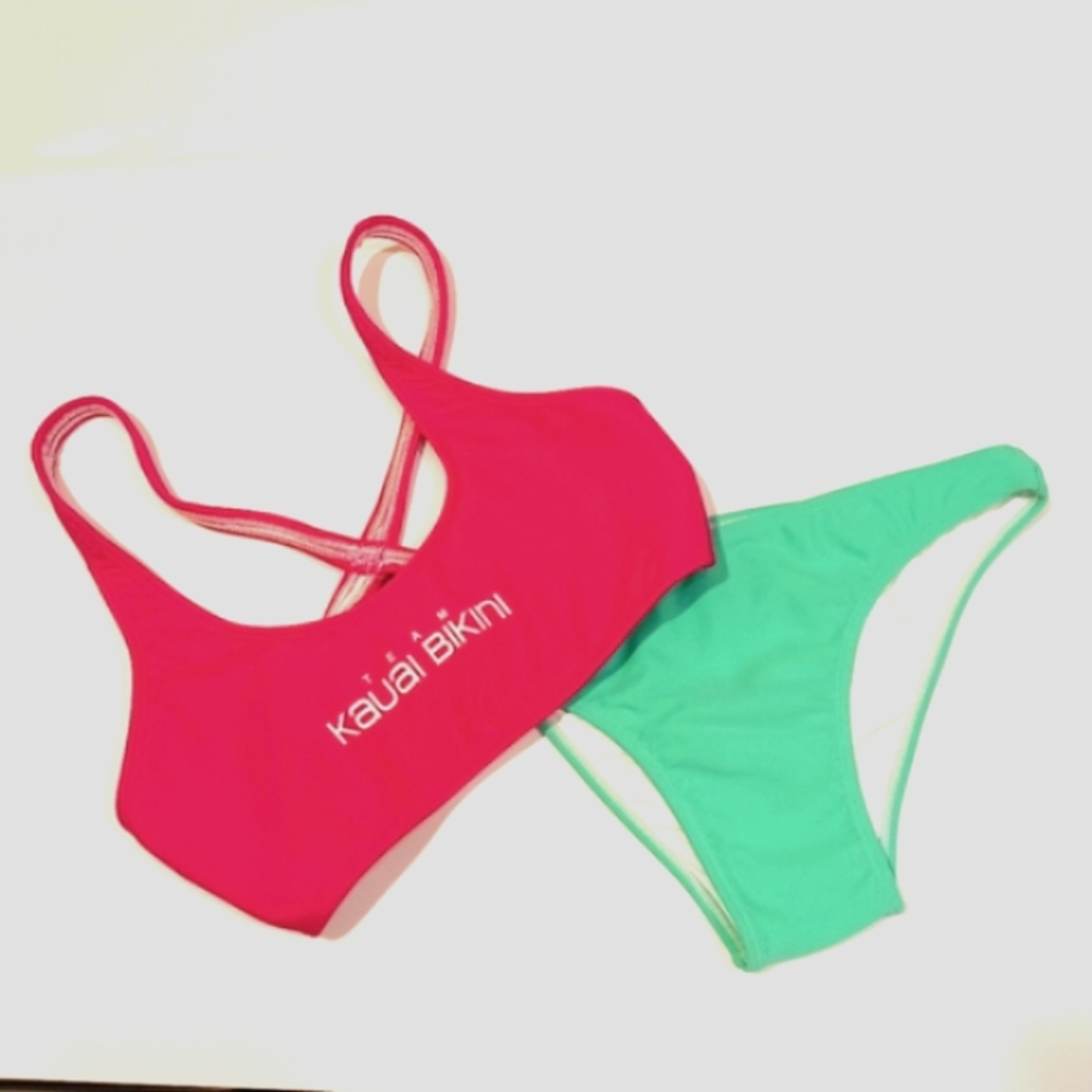 Team Kauai Bikini Hot Pink Volley Top  & Kelly Green Shipwreck Bottoms